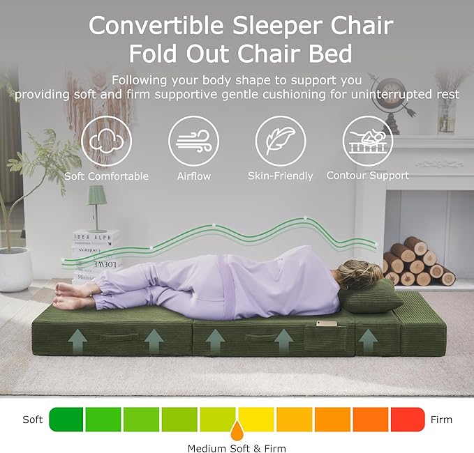 Folding Sofa Bed, 4 in 1 Convertible Sleeper Chair with Pillow, Single Memory Foam Fold Out Chair Bed, Modern Floor Futon Sofa Couch Mattress for Living Room/Guest/Apartment, Green