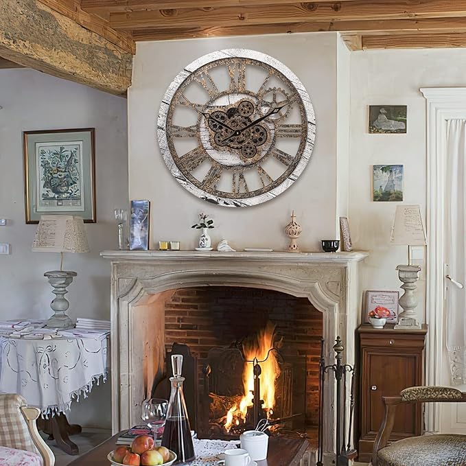 HOIBAI Wall Clock, 24 Inch Moving Gears Clock Large Wall Clock for Living Room Decor Rustic Vintage Industrial Steampunk Farmhouse Big Clock for Home Kitchen Bedroom Office