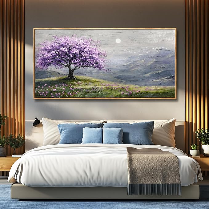 FUHAIHUA Wood Framed Canvas Wall Art For Living Room Wall Decor For Bedroom Office Wall Decoration Purple Tree Painting Farmhouse Pictures Artwork Room Aesthetic Home Decor 20x40 In
