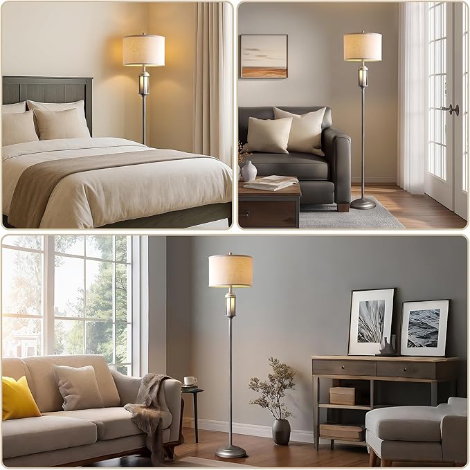 65'' Industrial Floor Lamp for Living Room Bedroom with 2 Light Sources, Modern Metal Tall Standing Lamp with Nightlight, Rustic Floor Light for Home Office Corner, Bulbs Included