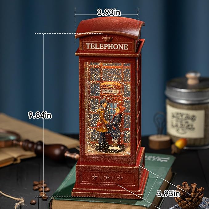 Snow Globe Lantern with Telephone Booth Couples –Shatterproof 8 Songs Musical Box Automatic Snowfall Led Light USB & Battery Powered,for Valentine’s Day Gifts Present Birthday Home Fall Decoration,Red