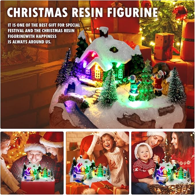 Christmas Collectibles Building Village House Musical Snow Globe Resin Figurines with 8 Music Snowman, Christmas Train Come with Xmas Gift (Tree)