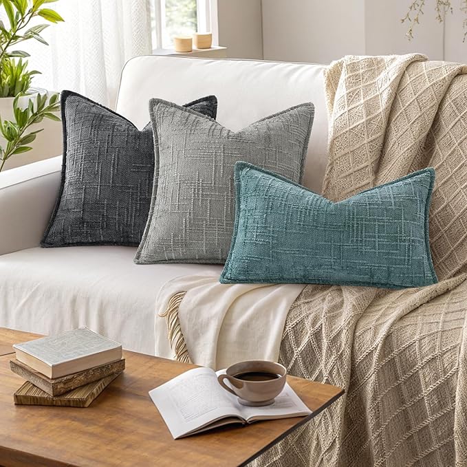 decorUhome Chenille Throw Pillow Covers 16x16 Set of 2, Thick Textured Slubby Neutral Decorative Pillow Covers with Elegant Design for Couch, Sofa, Living Room, Dark Grey