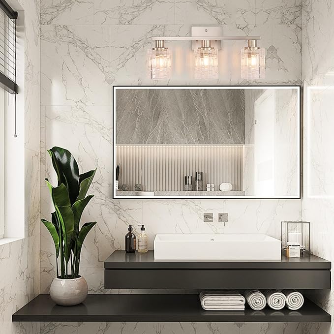 3 Light Brushed Nickel Bathroom Vanity Light Over Mirror, Modern Vanity Lighting with Crystal Glass Shade, Wall Mount Bathroom Light Fixtures, E26 Base