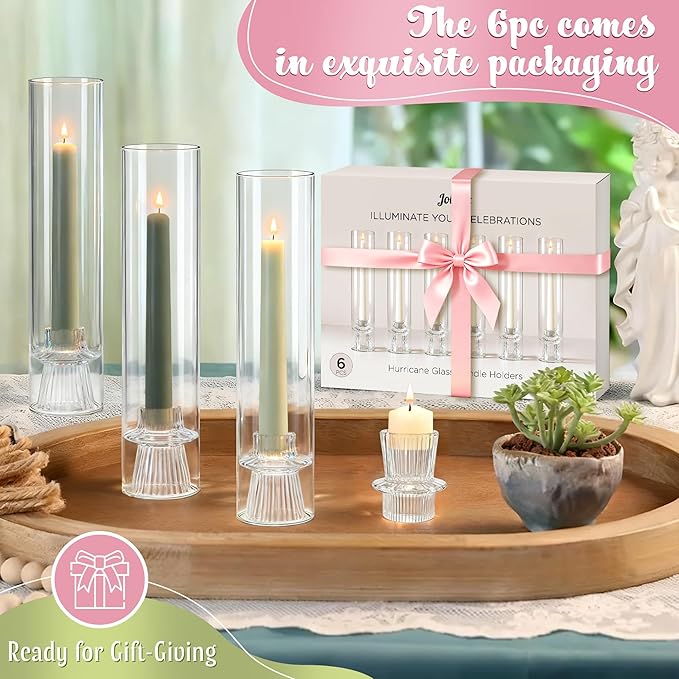 6 Set Glass Hurricane Candle Holders - 12" Tall Clear Glass Candlestick Holders for Taper Candles with Cylinder Chimney for Wedding, Party, and Home Table Centerpiece Decoration