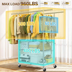 Heavy Duty Clothes Rack, 100% Stainless Steel Rolling Clothing Rack with 2 Tier Shelves, Double Rod Garment Racks for Hanging Clothing, Extendable Rolling Clothes Rack with Wheels (960LB)