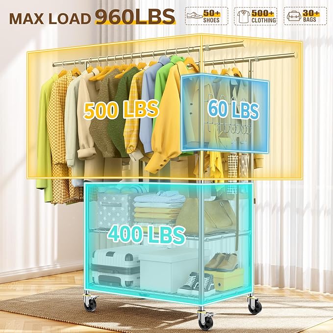 Heavy Duty Clothes Rack, 100% Stainless Steel Rolling Clothing Rack with 2 Tier Shelves, Double Rod Garment Racks for Hanging Clothing, Extendable Rolling Clothes Rack with Wheels (960LB)