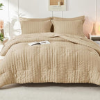 HYMOKEGE Khaki King Size Comforter Set Seersucker 7 Pieces, All Season Luxury Bed in a Bag for Bedroom, Bedding Set with Comforter, Sheets, Pillowcases & Shams