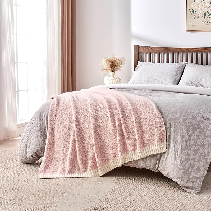 CozeCube Super Soft Fullfy Microfiber Reversible Knitted Blankets, Warm Cozy Fuzzy Plush Throw, Pink and White Melange Throw Blanket for Couch Bed Sofa, 60" x 80"