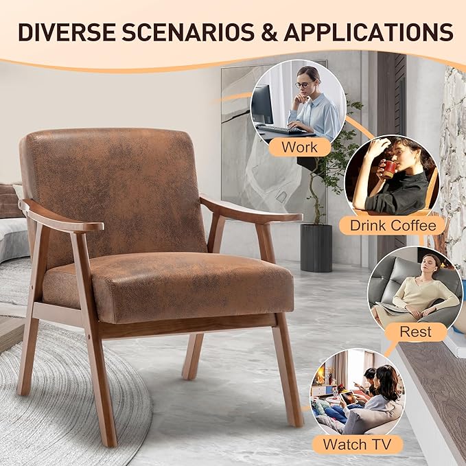 KEIKI Mid-Century Modern Accent Chair with Solid Wood Frame, Comfortable Single Sofa Chair for Daily Use in Living Room or Bedroom