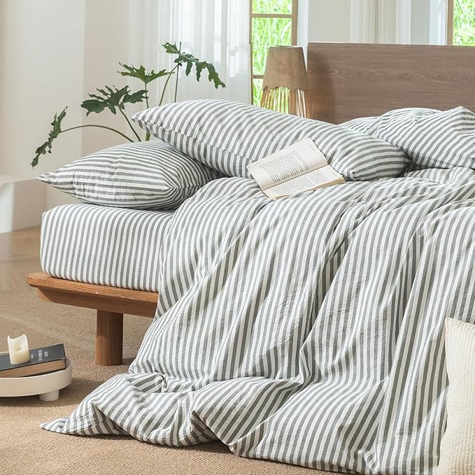 MooMee Striped Duvet Cover Set 100% Washed Cotton Linen Like Textured Breathable Durable Soft Comfy (Heathered Green Classic Stripes, Twin 68"x90")