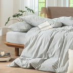 MooMee Striped Duvet Cover Set 100% Washed Cotton Linen Like Textured Breathable Durable Soft Comfy (Heathered Green Classic Stripes, Twin 68"x90")