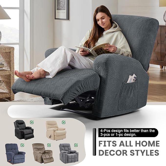 VANSOFY Oversized Recliner Chair Covers, 4-Pieces Stretch Recliner Cover Jacquard Soft Reclining Chair Slipcover Furniture Protector with Elastic Bottom for Lazy Boy Recliner(Dark Gray)