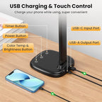 Desk Lamp with Charger, 10%-100% Stepless Dimmable & 5 Color Modes Study Lamp, Touch Control, 30-/60-minute Timer, USB Charging Output Port, CRI≥90, Eye-Caring Foldable LED Desk Lamps for Home Office