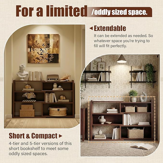Armocity Book Shelf - Small Expandable Ladder Shelf, Short Corner Bookshelf for Small Spaces, 4 Tier Wood Narrow Bookcase, for Living Room, Bedroom, Entryway, Black Walnut