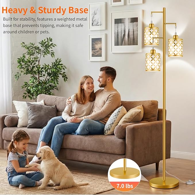 New Upgraded 72" Tall Dimmable Floor Lamp, 3 x 800LM 9W LED Bulbs Included, Farmhouse Standing Lamp with Remote Control, Industrial Tree Pole Floor Lamps for Living Room, Bedroom, Study Room - Gold