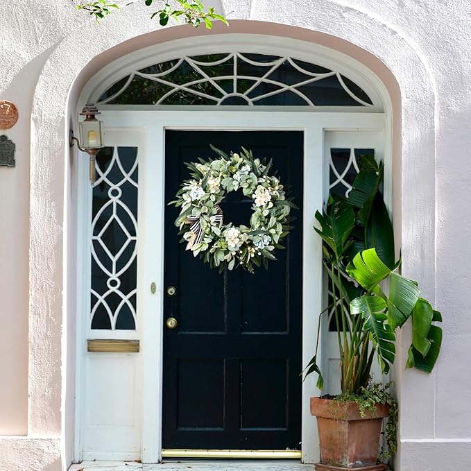 Lambs Ear Wreaths for Front Door Year Round, 20 Inch Green Artificial Wreath for Spring Summer Farmhouse Porch Indoor Outdoor Decor