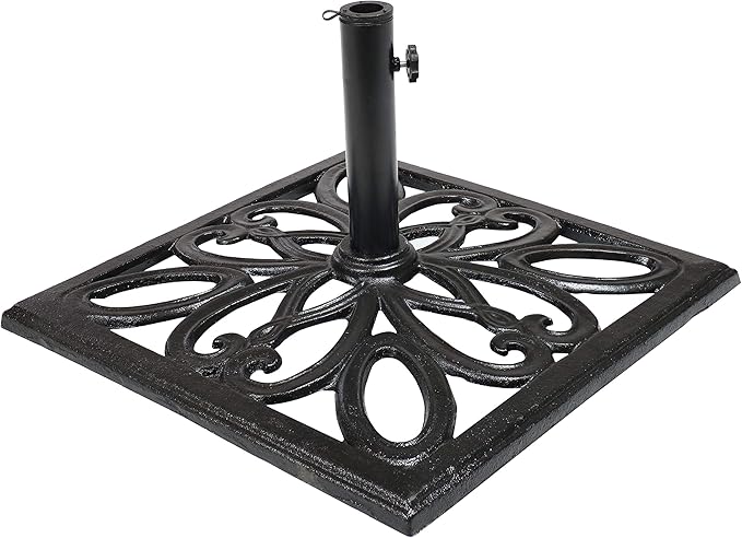 Sunnydaze 52lb Cast Iron Patio Umbrella Base - Heavy-Duty Square Metal Outdoor Market Umbrella Stand for Outside - 22-Inch - Black - Imperial Geometric