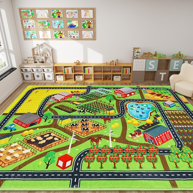 Kids Rug Play Mat for Toy Cars, 110"×78.7" Farm Life Road Traffic for Playroom Kids Car Road Rug Village Map Mat Farm Animals Washable Play Carpet for Toddlers Boys Room Family Tummy Time Playtime