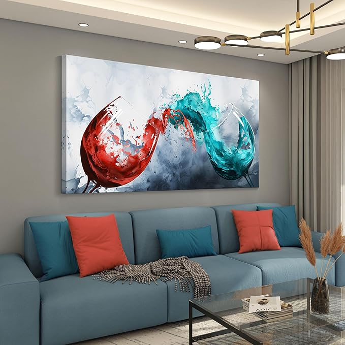 Pogusmavi Dining Room Wall Art - Blue & Red Wine Cups Canvas 30x60IN