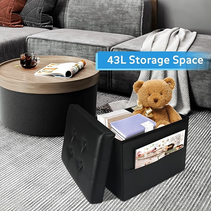 2PC Ottoman with Storage Foot Stool, 17 Inches Folding Storage Ottomans, Leather Upholstered Ottoman Foot Rest with Side Pockets, Suitable for Living Room, Bedroom, Cafe, Black
