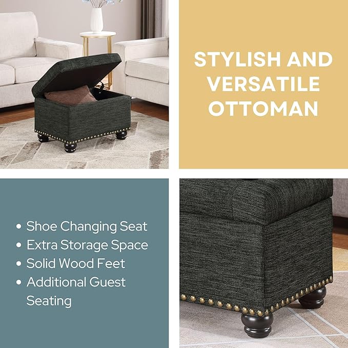 Convenience Concepts Designs4Comfort 5th Avenue Upholstered Storage Ottoman 24" - Contemporary Foot Stool and Seat with Hinged Lid for Living Room, Dining Room, Office, Den, Dark Charcoal Gray Fabric