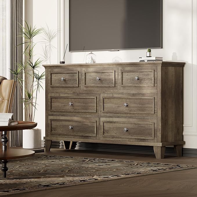 GarveeHome Grey Dresser for Bedroom, 7 Drawer Dresser, Wooden Chest of Drawers with Deep Drawers, 47 in Long Dressers TV Stand, Modern Dressers Organizer with Vintage Handle for Living Room, Hallway
