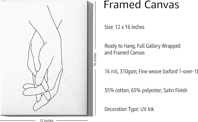 Holding Hands Wrapped Canvas Wall Art Interlocking Fingers Connection 12x16 Inch Gallery Stretched Modern Aesthetic Home Art Decor
