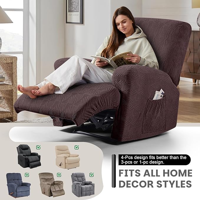 VANSOFY Oversized Recliner Chair Covers, 4-Pieces Stretch Recliner Cover Jacquard Soft Reclining Chair Slipcover Furniture Protector with Elastic Bottom for Lazy Boy Recliner(Dark Coffee)