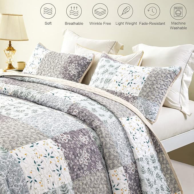 Whale Flotilla Patchwork Quilt King Size, Extra Soft Boho Floral Bedspreads for Bed Reversible Lightweight King Quilt Bedding Set Printed Coverlets with 2 Pillow Shams for All Seasons, Grey
