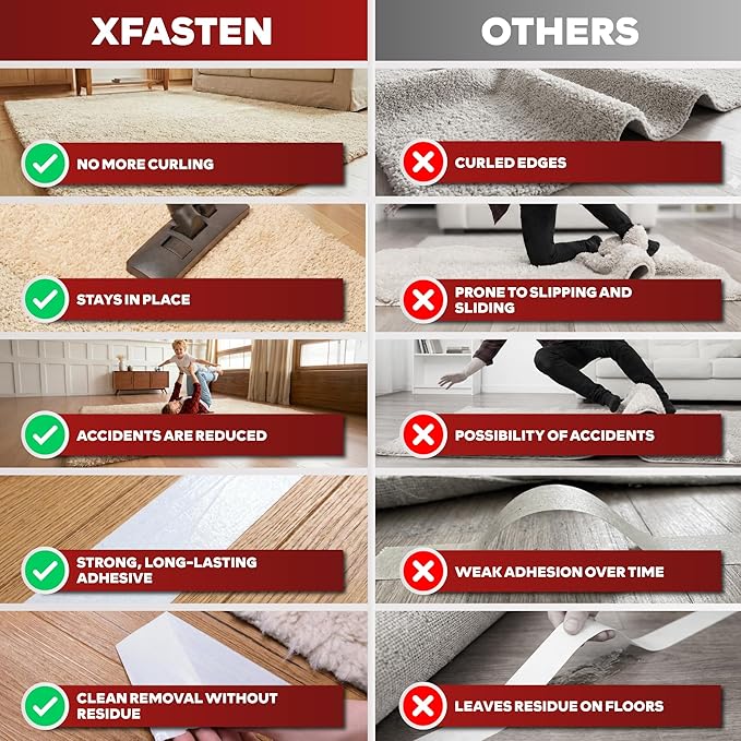 XFasten Double Sided Carpet Tape for Area Rugs, 2 Inch x 30 Yards (6-Pack) – Heavy Duty Anti Slip Rug Grip Tape, Works as Rug Gripper, Wood Safe, Easy Removal for Hardwood and Laminated Floors