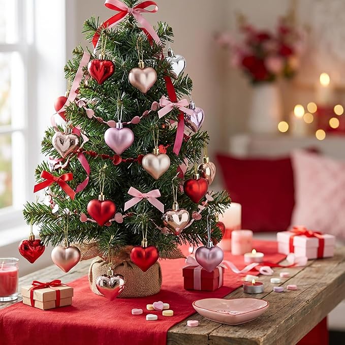 Iceyyyy 60Pcs Valentine's Day Heart Ornaments-Valentine's Mother's Day Heart Baubles Shaped Hanging Ornaments Decoration for Valentine Tree Wedding Anniversary Party