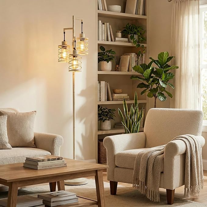 Oneach 70" Industrial Floor Lamp, Stepless Dimmable Standing Lamp with 3 Bulbs, Farmhouse Corner Standing Tree Lamp for Living Room, Tall Lamps for Bedroom, Office, Dining Room, Antique Beige White