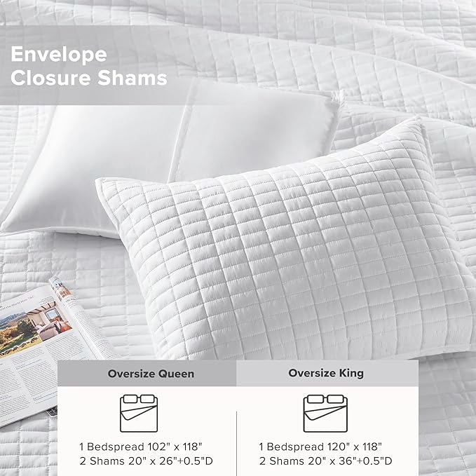 Comfort Spaces White Oversized Queen Quilt Set 102"x118" Bedspread Quilted Summer Lightweight Microfiber Bedding Coverlet with Double Sided Stitching Soft All Season Cozy 3 Piece with Matching Shams