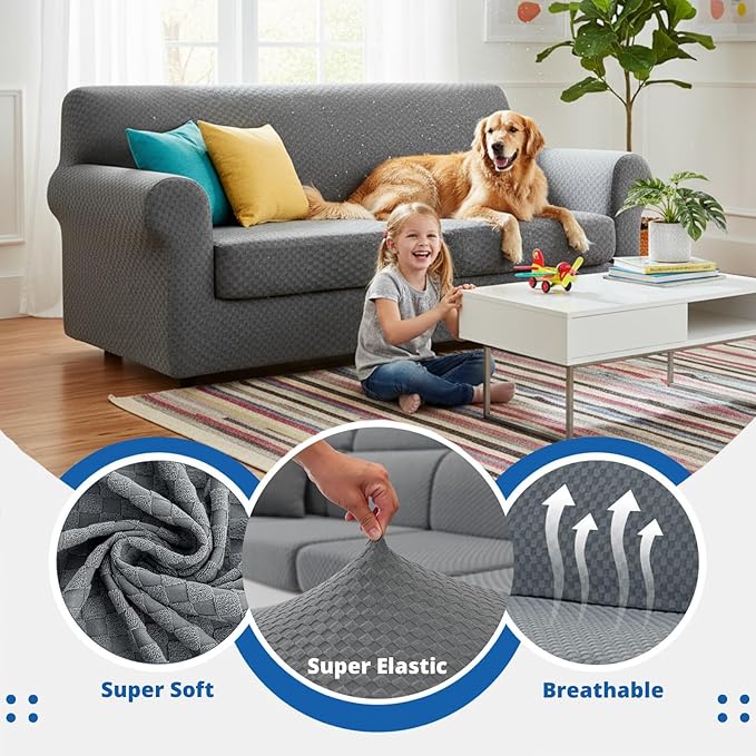 YEMYHOM Latest Checkered 3 Pieces Couch Covers for 2 Cushion Couch High Stretch Sofa Cover with 2 Extra Large Seat Cushion Covers Anti Slip Elastic Slipcovers (Light Gray), 71"-91"(2 Cushions)