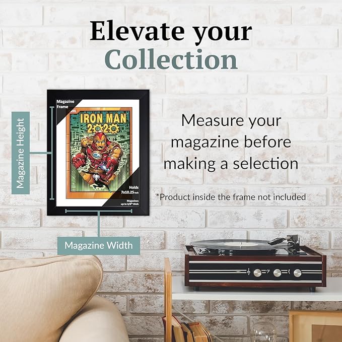 Creative Picture Frames 7 x 10.25 Magazine Comic Book Frame with Full-Strength Glass, Holds Up To A 1/4" Thick Media with Installed Hangers for Easy Mounting, 8x12 Black Frame with White Mat