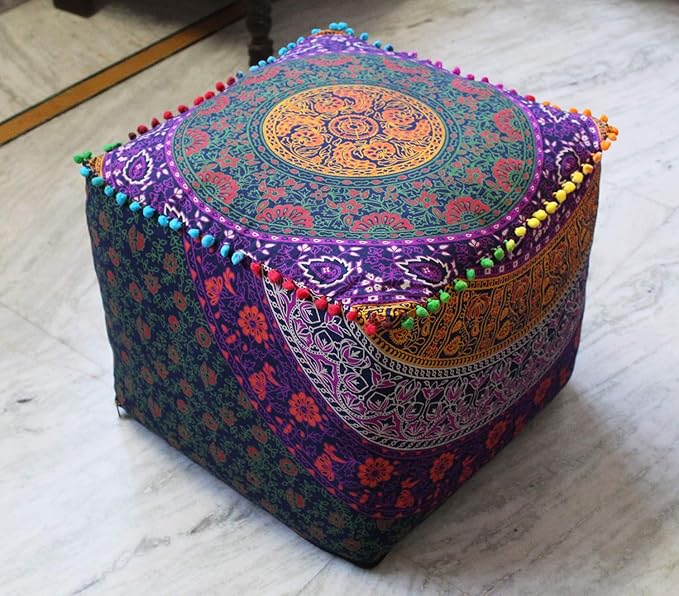 CRAFT KALA Mandala Meditation Floor Pillows Square Pillow Cover Seating Decorative Adults Bohemian Floor Cushion Cover Outdoor Living Room Throw Ottoman Poufs Cover 18X18X14 inches, Multi Six Color