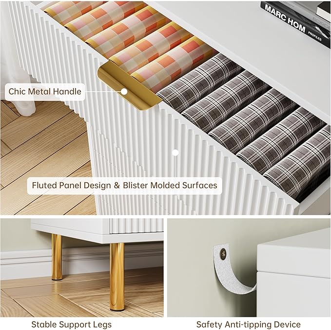 GarveeHome White Dresser, Modern 3 Drawer Dresser for Bedroom with Gold Handle and Large Drawer, Wood Double Chest of Drawers and Storage Organizer for Living Room, Hallway, Entryway