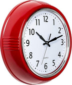 Bernhard Products Retro Wall Clock 9.5 Inch Red Kitchen 50's Vintage Design Round Silent Non Ticking Battery Operated Quality Quartz Clock