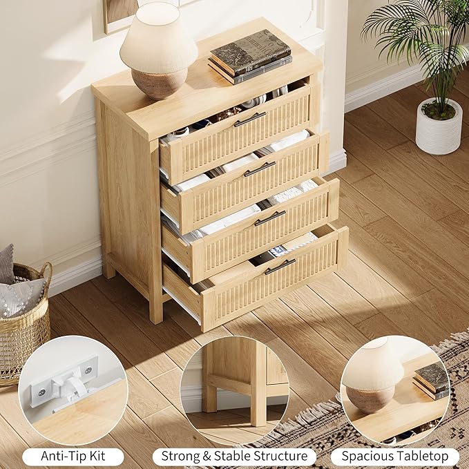Garvee Fluted Dresser for Bedroom, Chest of Dressers 35.4" Tall Dresser for Closet with 4 Fluted Dressers Chest with Clothes Storage Cabinet, Drawer Organizer for Bedroom, Living Room, Closet, Hallway