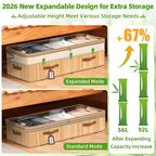 Livole Bamboo Under Bed Storage with Wheels, 6-10 inches Height Adjustable Underbed Storage Containers, 92L XXXL Large Rolling Under Bed Storage Bins for Clothes, Blankets, Sweater, Shoes, 1 Pack