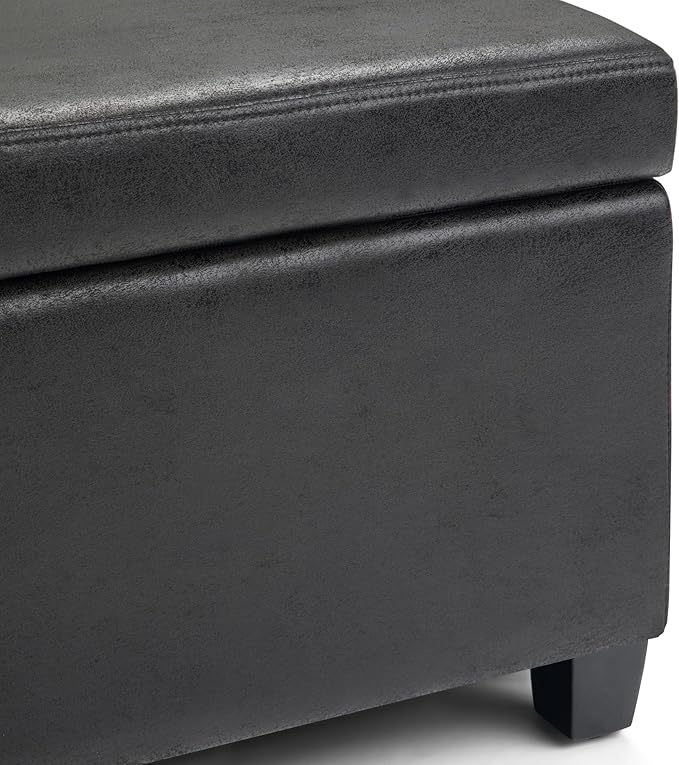 SIMPLIHOME Avalon Storage Ottoman Bench - 48 inch Wide Upholstered Vegan Leather Rectangular Lift-Top Ottoman in Distressed Black, Contemporary Storage Bench for Living Room with High-Density Foam