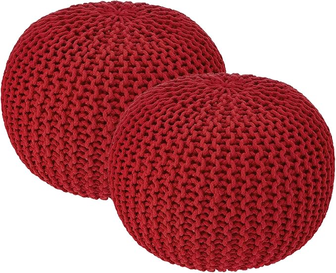 · REDEARTH · Round Pouf Ottoman - Hand Knitted Boho Poof Home Décor Pouffe Circular Footrest for Living Room - Bedroom - Lounge - 100% Cotton (19.5"x19.5"x14") - Red, Set of 2