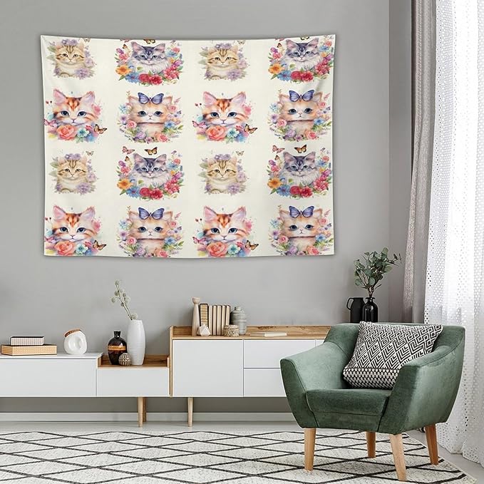 VUMIVI Watercolor Flower Cat Tapestry Colorful Cartoon Cute Animals Butterflies Abstract Art Print Tapestry Wall Hanging for Living Room Bedroom Dorm Classroom Aesthetic Decor W80xL60in