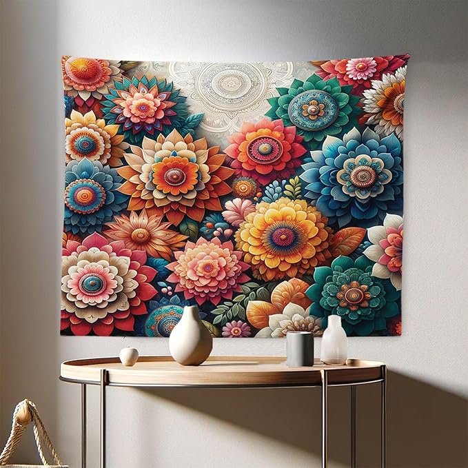 Ambesonne Flower Tapestry, Contemporary Wild Floral with Delicate Oriental Feel Petals Boho Hippie, Fabric Wall Hanging Decor for Bedroom Living Room Dorm, 28" X 23", Vermilion Teal Sea Blue