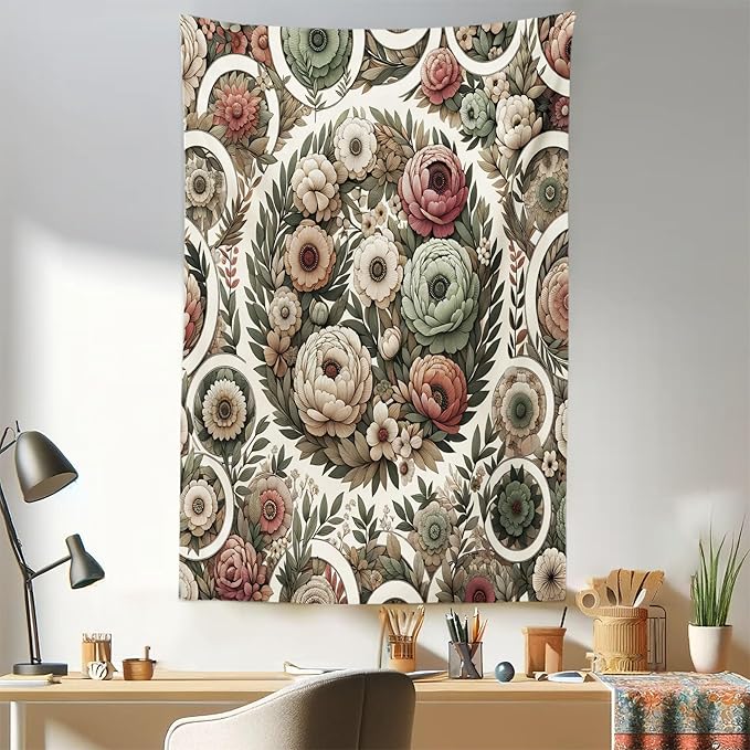 Ambesonne Flower Tapestry, Circular Floral Wreath with Greenery Leaves Ornaments Modern Cottagecore, Fabric Wall Hanging Decor for Bedroom Living Room Dorm, 30" X 45", Reseda Green Pale Ruby