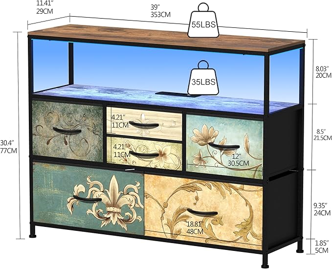 Tohomeor TV Stand with Power Oulet Dresser with Charging Station & LED Light Dresser with 6 Fabric Drawers for Living Room Storage Chest of Drawers Retro Dresser with Open Shelf Wooden Top