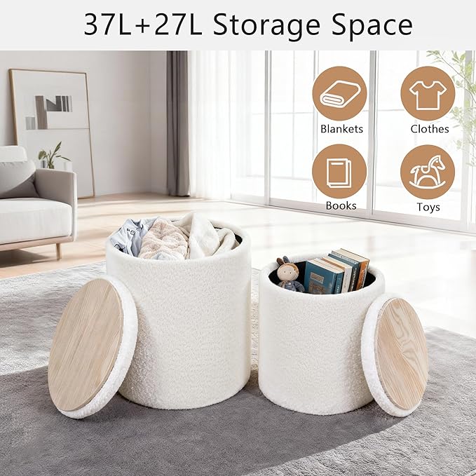 CAROLMADE Set of 2 Round Ottoman with Storage, Upholstered Vanity Stool Support 330lbs Multifunctional Coffee Table Ottoman Boucle Foot Rest Stool or Living Room Bedroom Dorm (White)