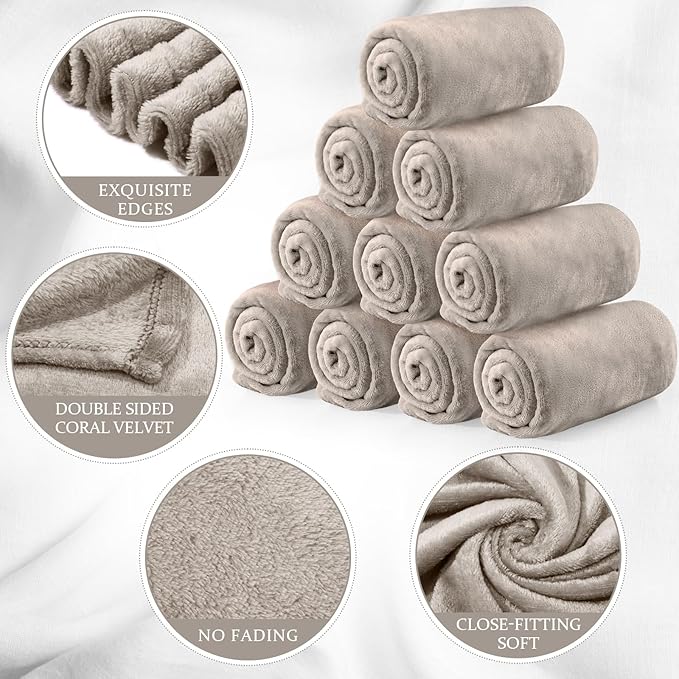 Tinideya 12 Pcs Flannel Fleece Throw Blanket Bulk 50 x 60 Inch Soft Fleece Blanket Warm Throw Blanket Coral Blankets for Couch Sofa Home Wedding Gifts Season (Camel Color)