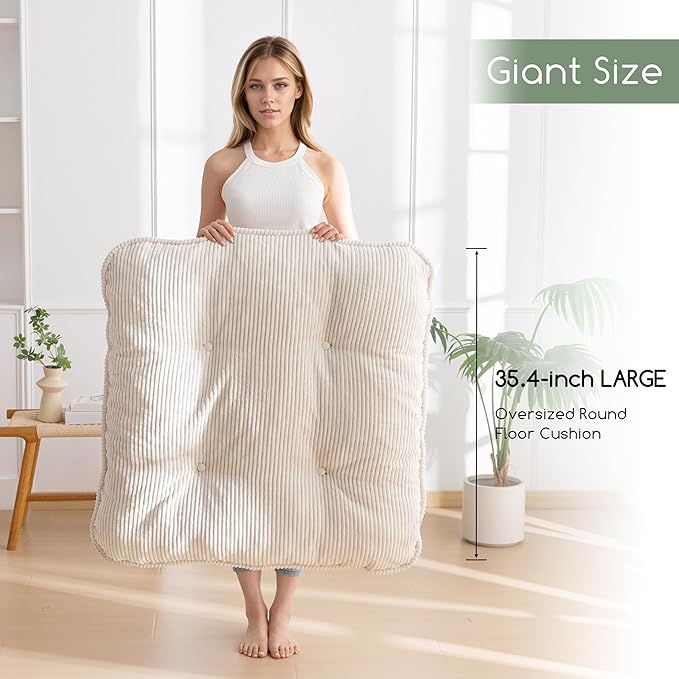 35" Washable Floor Pillow Cushion for Adults, Meditation Cushion Pillow, Extra Large Square Floor Sitting, Removable Tufted Corduroy Cover, for Tatami Living Room or Yoga, Beige, Machine Washable